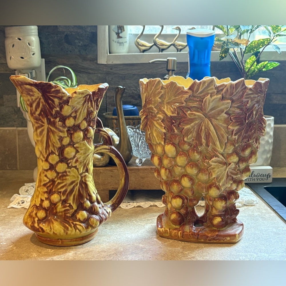 Vintage McCoy Grapevine Pitcher & Matching Vase Planter Set Grape Leaf Pottery
